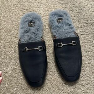Zac Zac Posen leather and faux fur mules